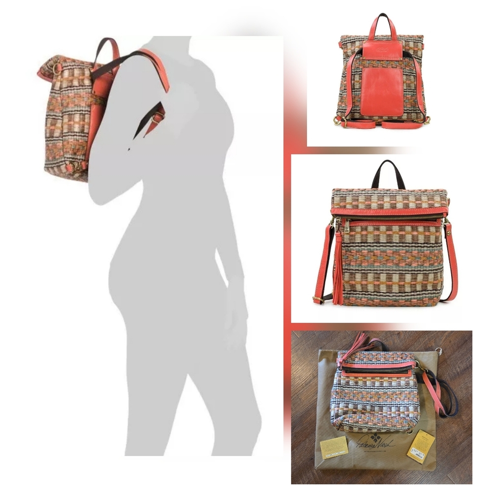 PATRICIA NASH Luzille Tote/Backpack Woven Straw Leather Accents Coral Beige $229